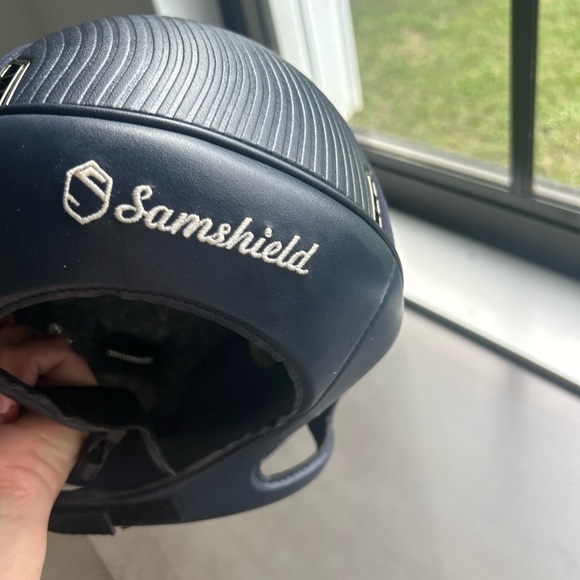Sam Shield Premium Helmet-Navy.Alcantara/ leather.Liner 71/4. Pd $690 sell $299 - Picture 3 of 7